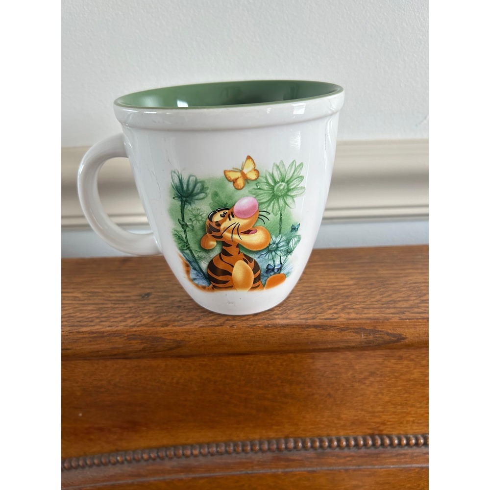 Disney Store Winnie the Pooh Tigger Ceramic Coffee Mug Green Interior White Cup
